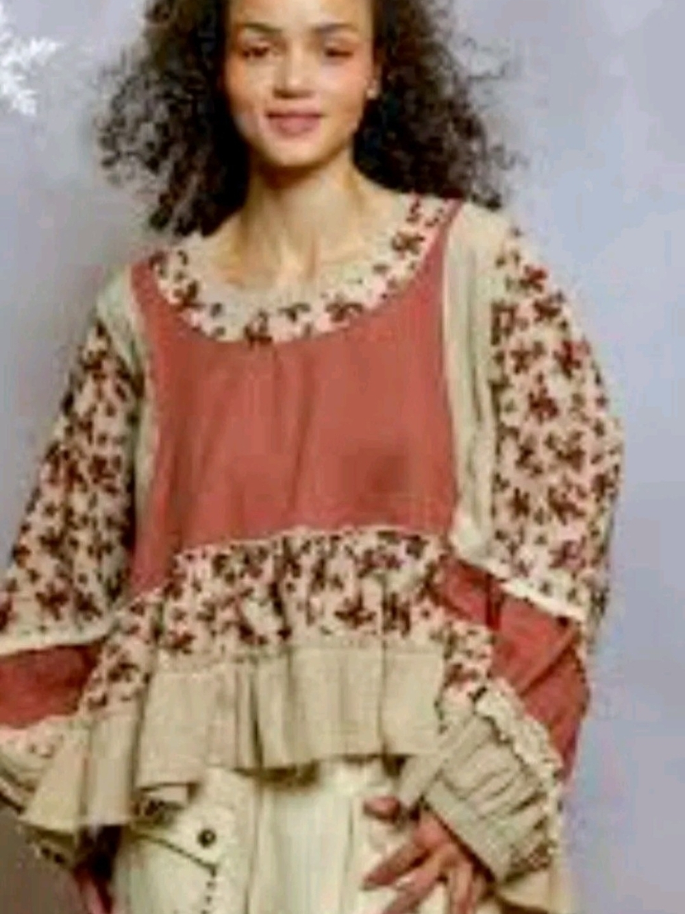 POL Mauve and Ivory waffle Floral Patchwork Peasant Top in Rust and Cream